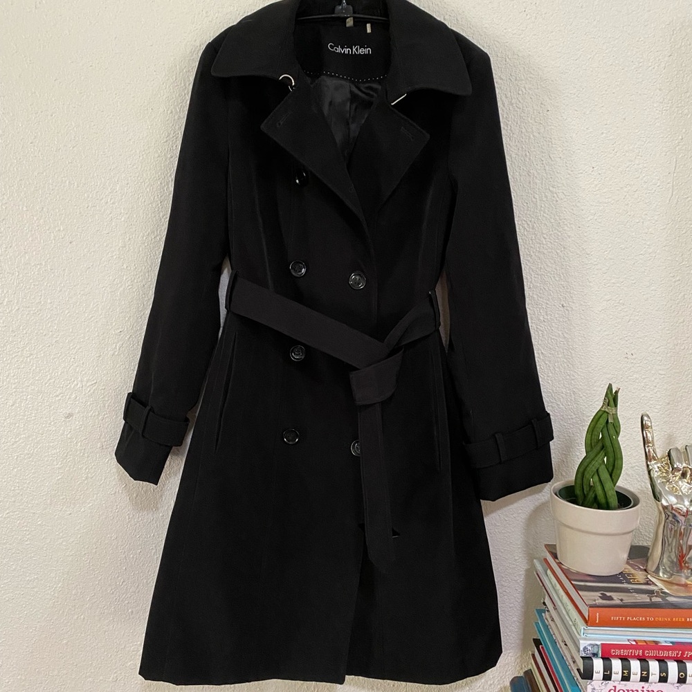 EUC Calvin Klein black belted trench coat, size S